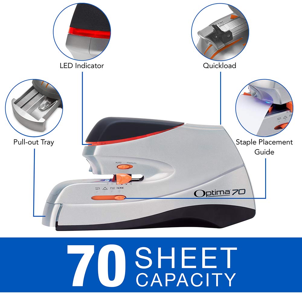 Swingline Optima 70 Electric Stapler, 70 Sheet Capacity, Quick Reloading, Jam Free, Includes 500 Staples, Orange/Gray (48210)