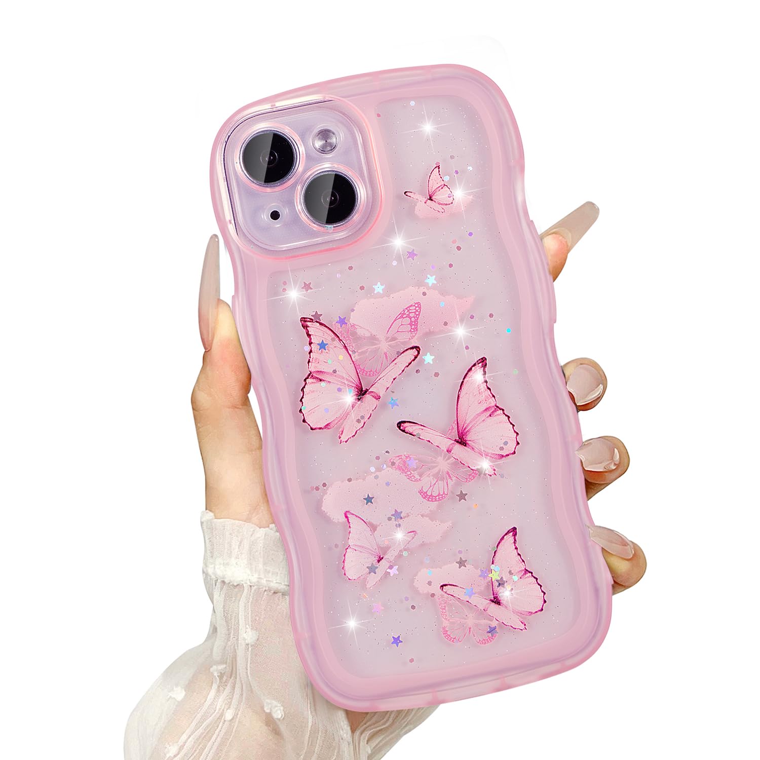 UEEBAI Wave Butterfly Case for iPhone 14 Case, Pretty Bling Star Butterfly for Women Cute Shiny Glitter Phone Cover for Girls Bl