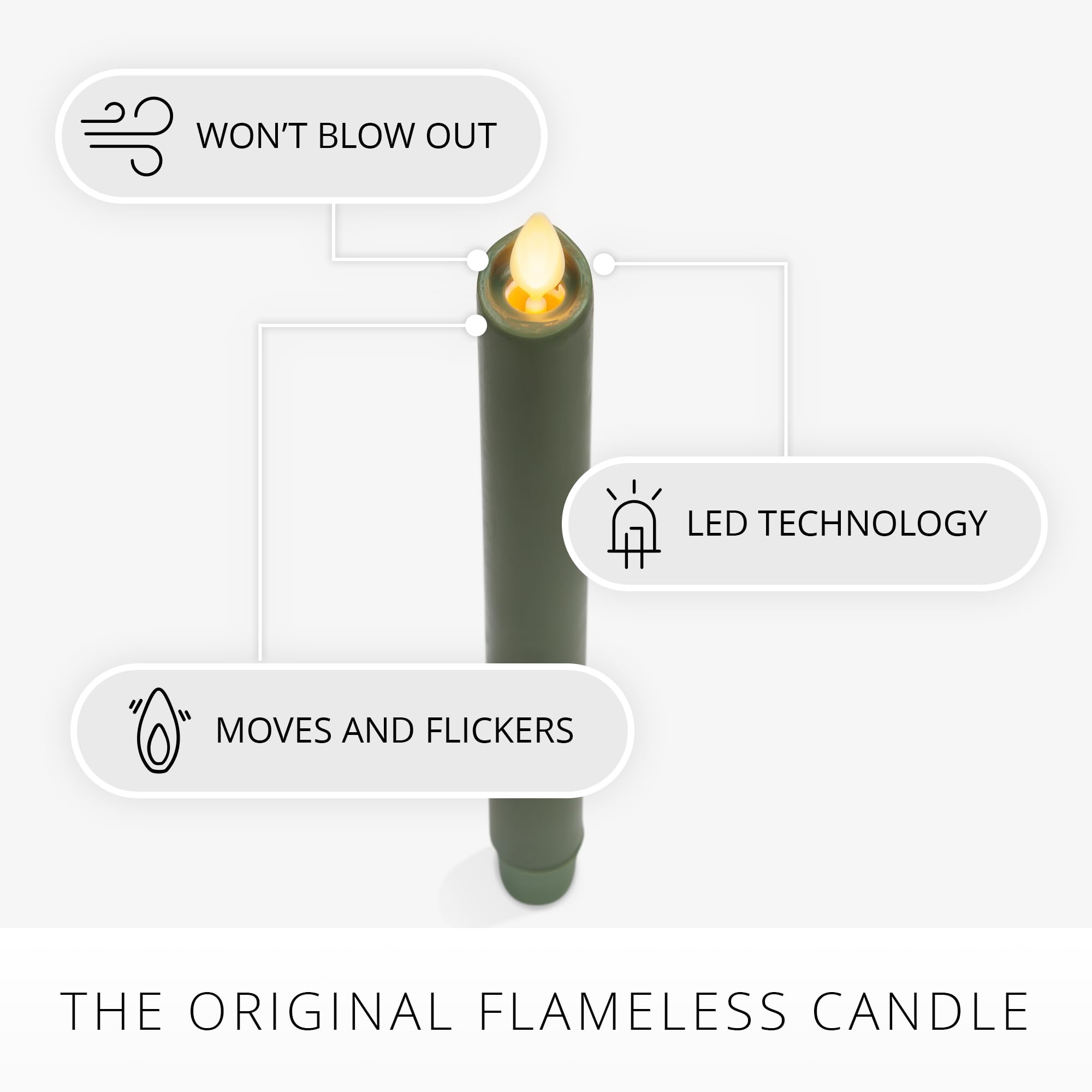 Luminara Flameless Candle Taper (1'' X 9.5'') Melted Top Real Wax Unscented Remote Ready Timer (Loden Green)