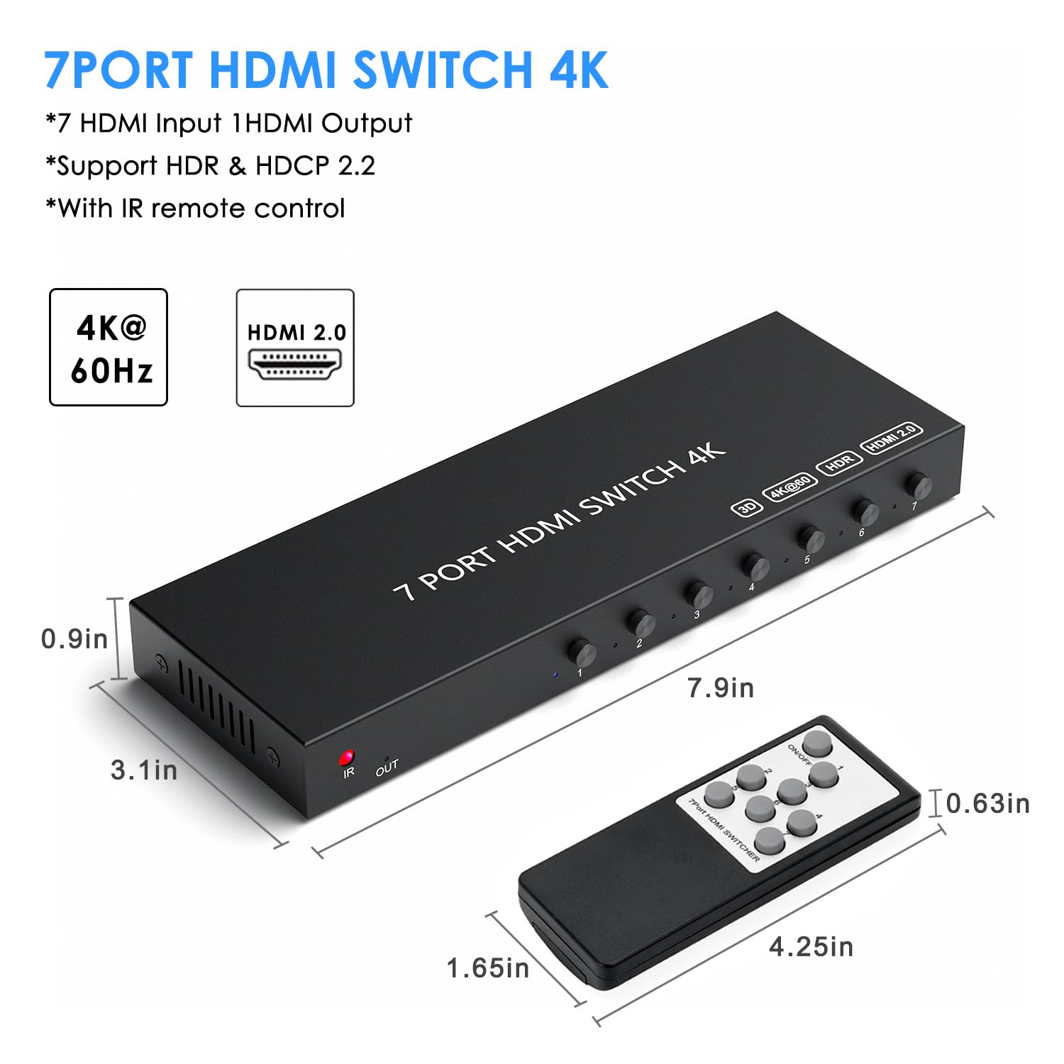 Hdmi Switch 4K@60Hz, 7In 1Out Hdmi Switcher Selector With Ir Remote Supports Full Hd 4K/1080P/3D & Hdcp 2.2 For Switch,Xbox,Ps4/Ps5,Fire Stick,Roku,Apple Tv Etc. (Hdmi 7Input 1Output)