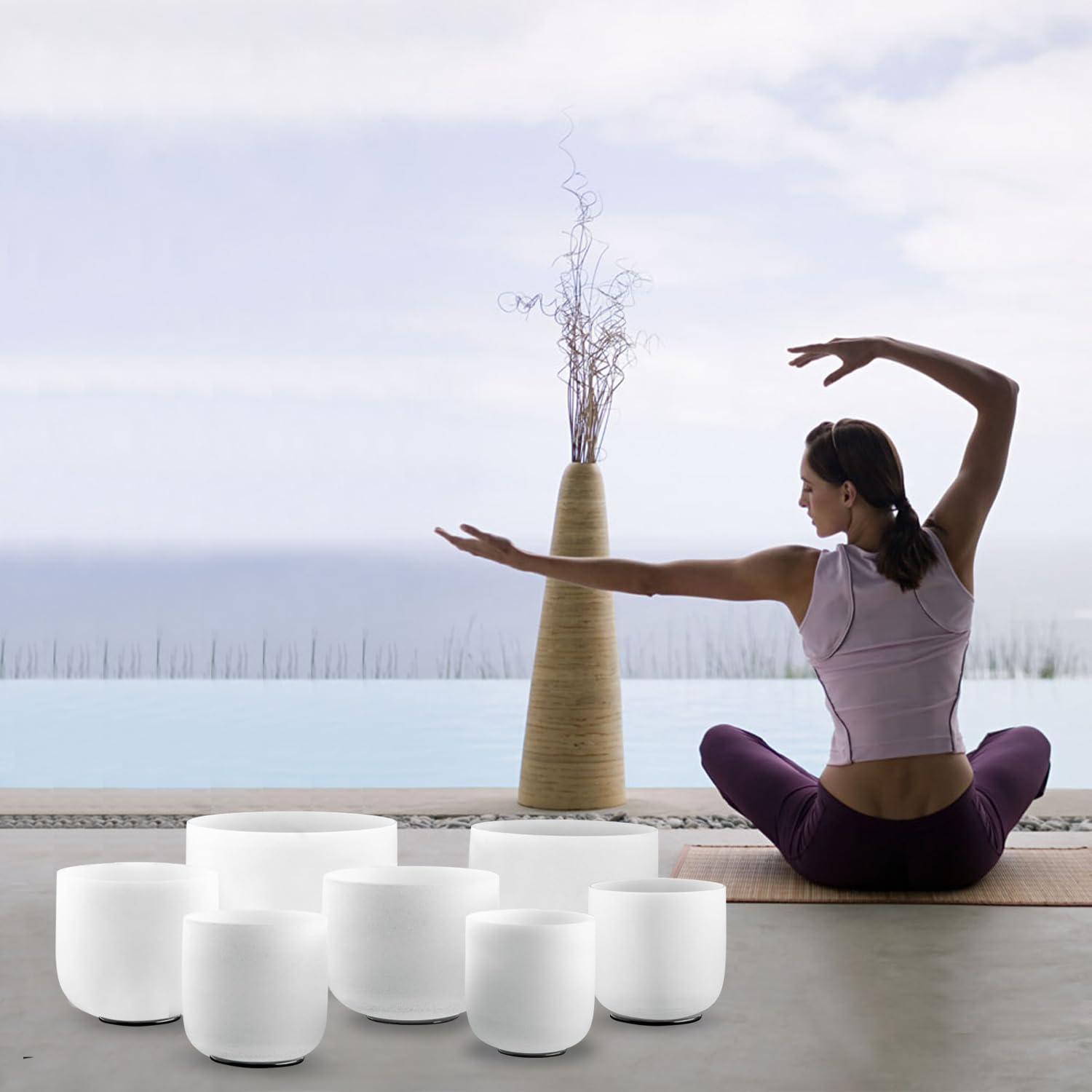 Kresec 7 Chakra 432Hz Crystal Singing Bowl Set   6 12 Inch Frosted Quartz Sound Therapy Bowls For Meditation, Yoga & Reiki   Inc