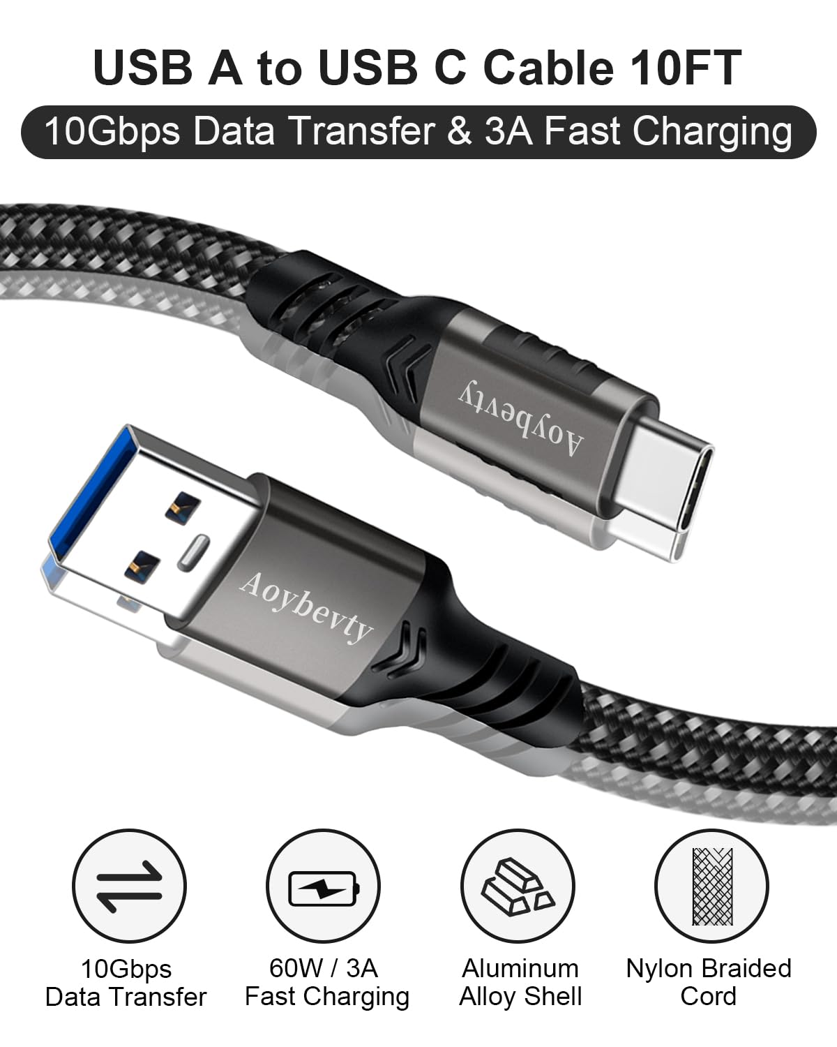 Aoybevty Usb A To Usb C Cable 10Ft, Usb 3.1 Gen 2 10Gbps Data Transfer And 3A Fast Charging Long Cable For Android Auto Samsung