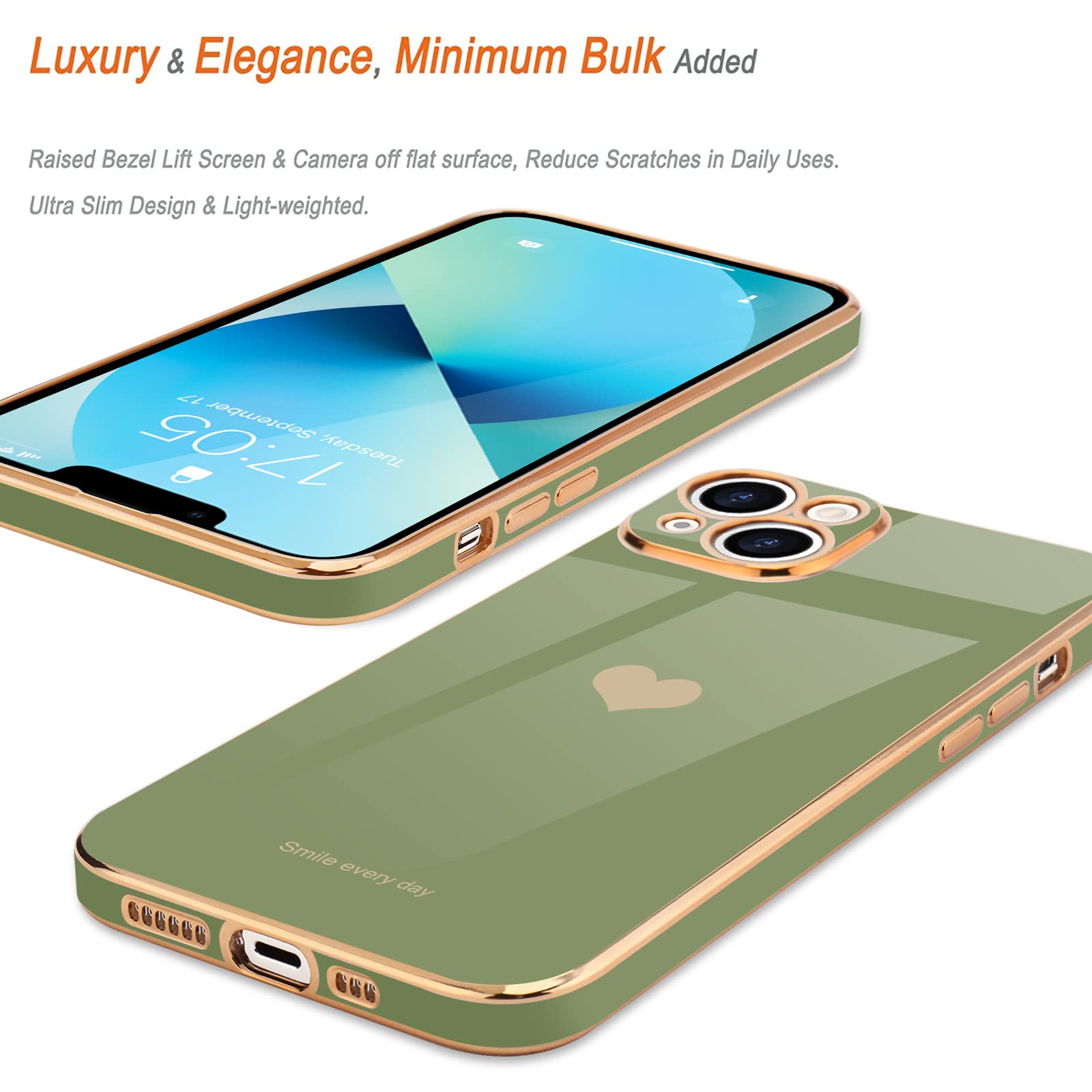 Teageo Iphone 13 Case For Women   Cute Love Heart Bling, Soft Silicone Bumper, Camera Protection, Light Green