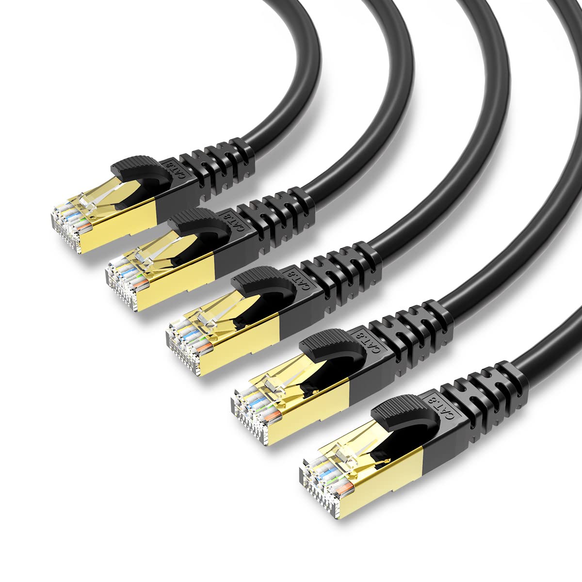 Kasimo Cat 8 Ethernet Cable Shielded Sftp Internet Network Patch Cord, Heavy Duty High Speed Lan Cables W Gold Plated Rj45 Connector Professional For Router, Modem, Gaming (10 Feet, 5 Pack Black)