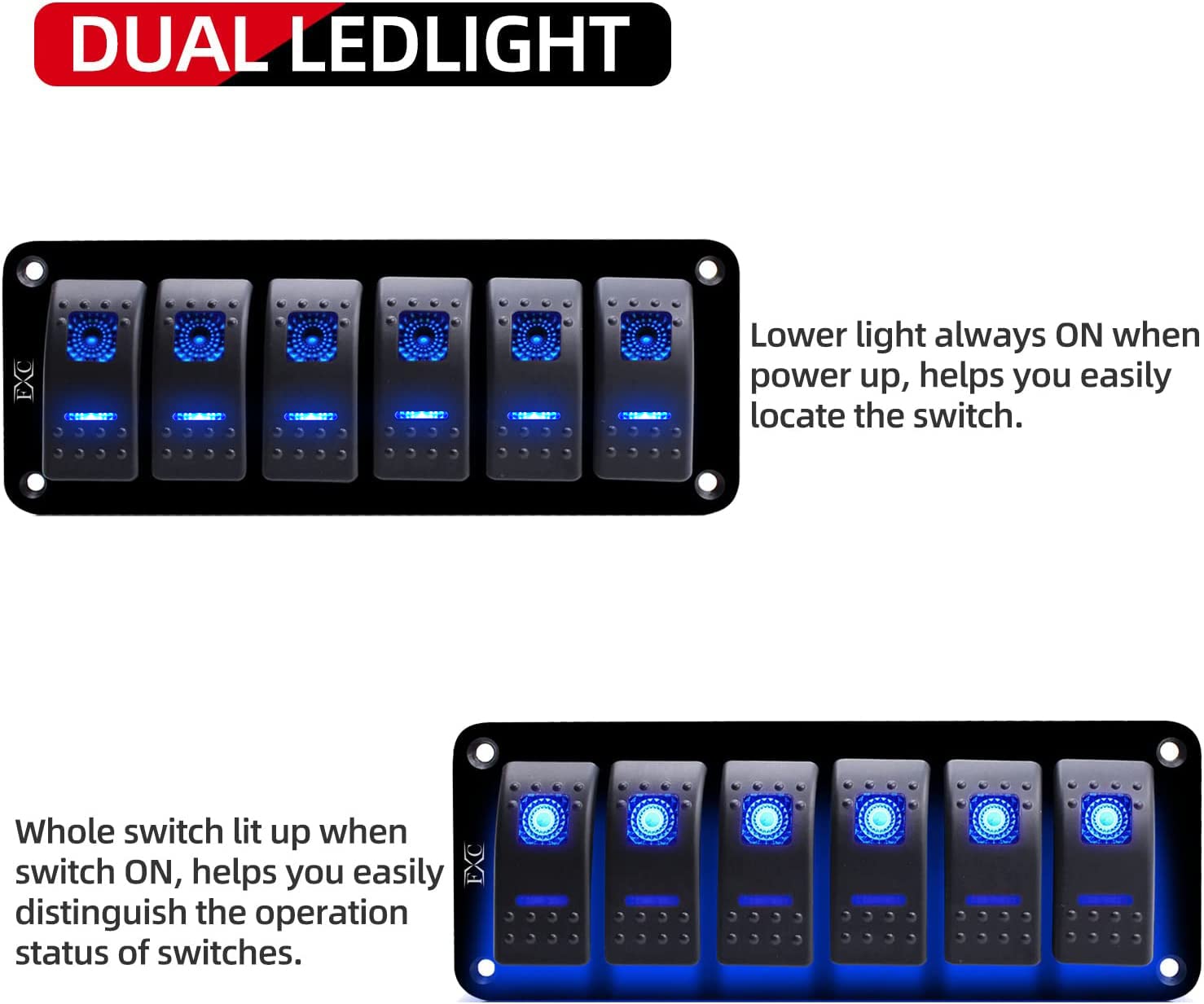 Fxc Boat Marine Switch Panel Waterproof 12V 6 Gang Rocker Switch Panel Blue Dual Led Light Toggle Switch Aluminum Panel Pre-Wire