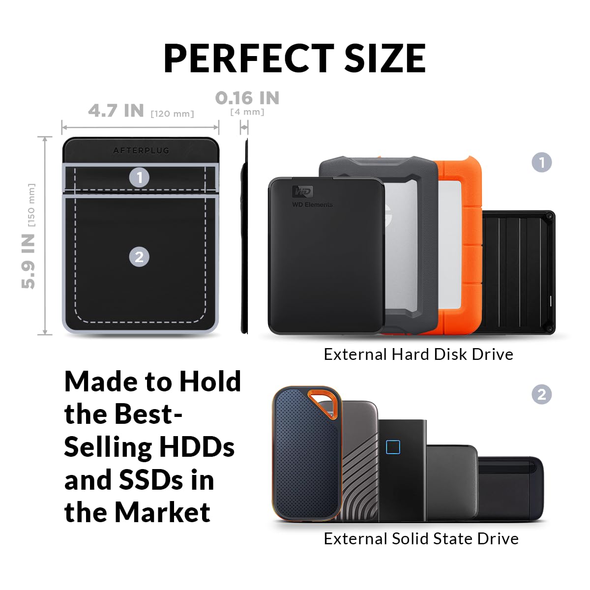 Afterplug 2 Pocket Adhesive Pouch For Laptop, Compatible With External 2.5' Hdd, Ssd, Magic Mouse, Usb Cable And More   Black