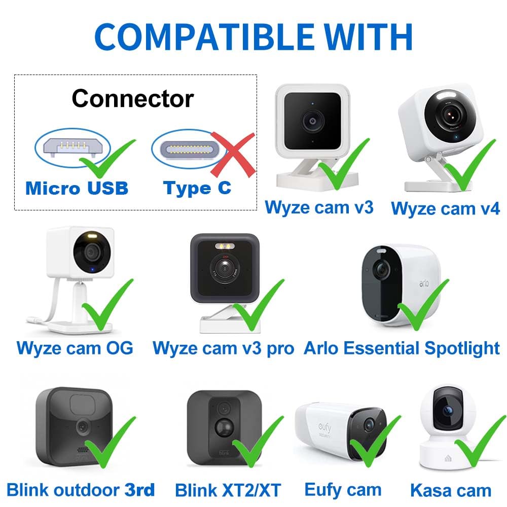 Dianmu 10Ft Power Cord With Adapter For Wyze Cam V3/V4/Og/V3 Pro, Blink Mini/Mini Pan, Simplisafe, Arlo Essential,Power Extensio