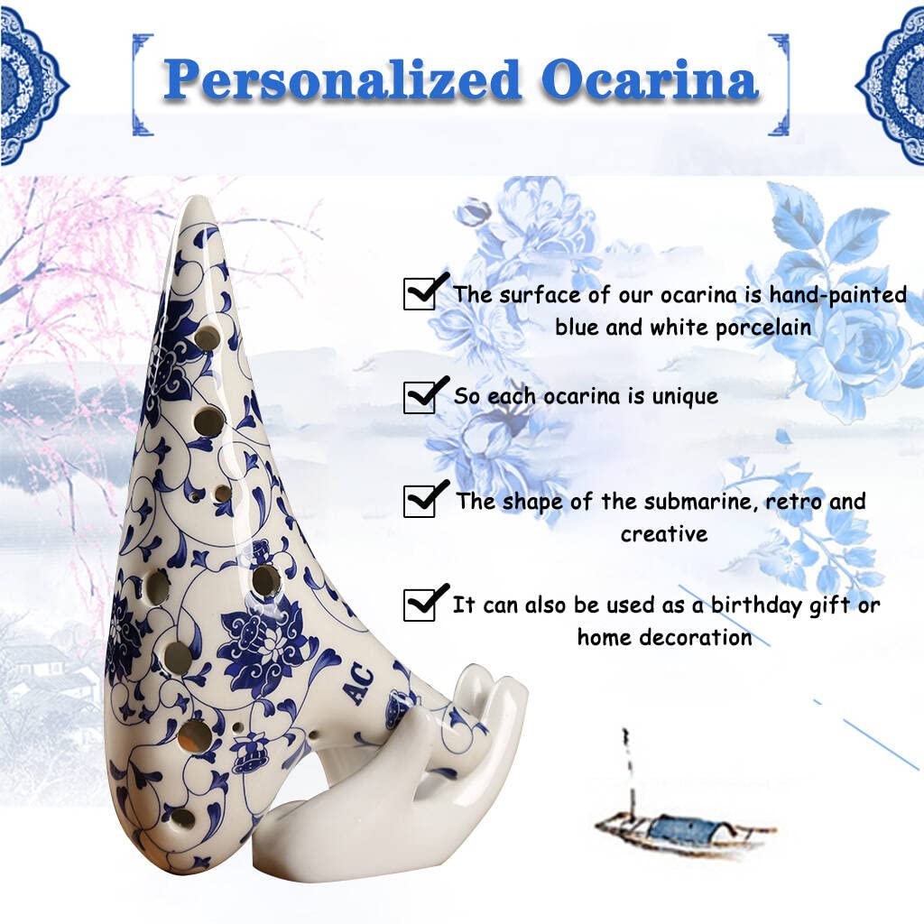 12 Hole Alto C Ocarina With Protective Bag, Hand Painted Blue And White Porcelain Musical Instrument, Porcelain Clay Collectible