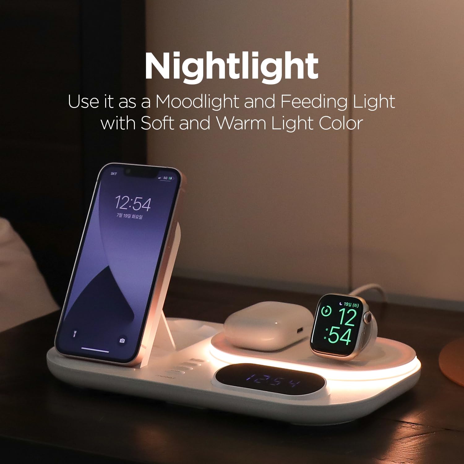Mooas All Rounder 4 In 1 Fast Wireless Charging Nightlight Clock, Wireless Charging Station With Led Clock, Compatible With Ipho