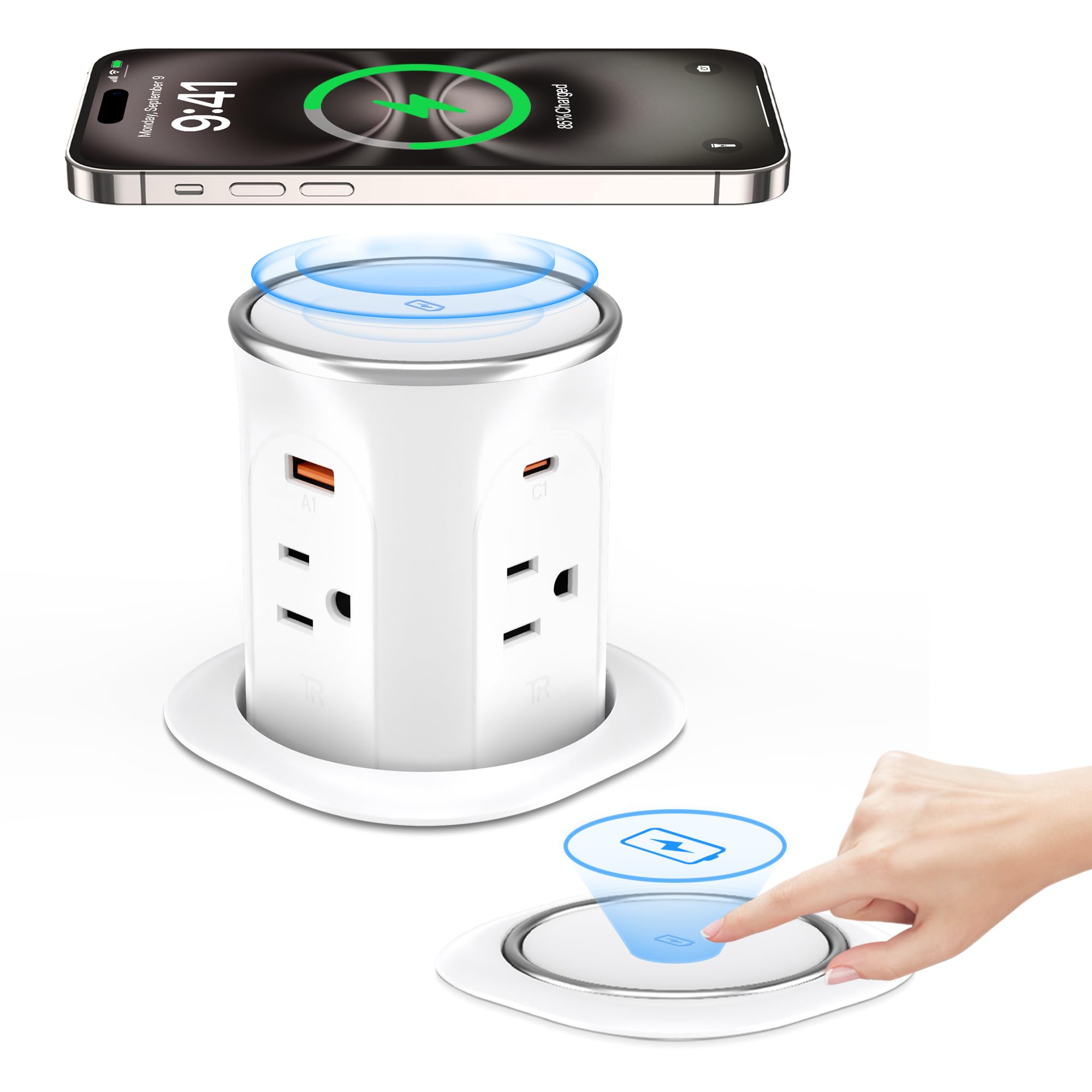 Annquan Motorized Pop Up Countertop Receptacle With 15W Wireless Charger,Max 20W Power Delivery,3.15'' Automatic Pop Up Electric