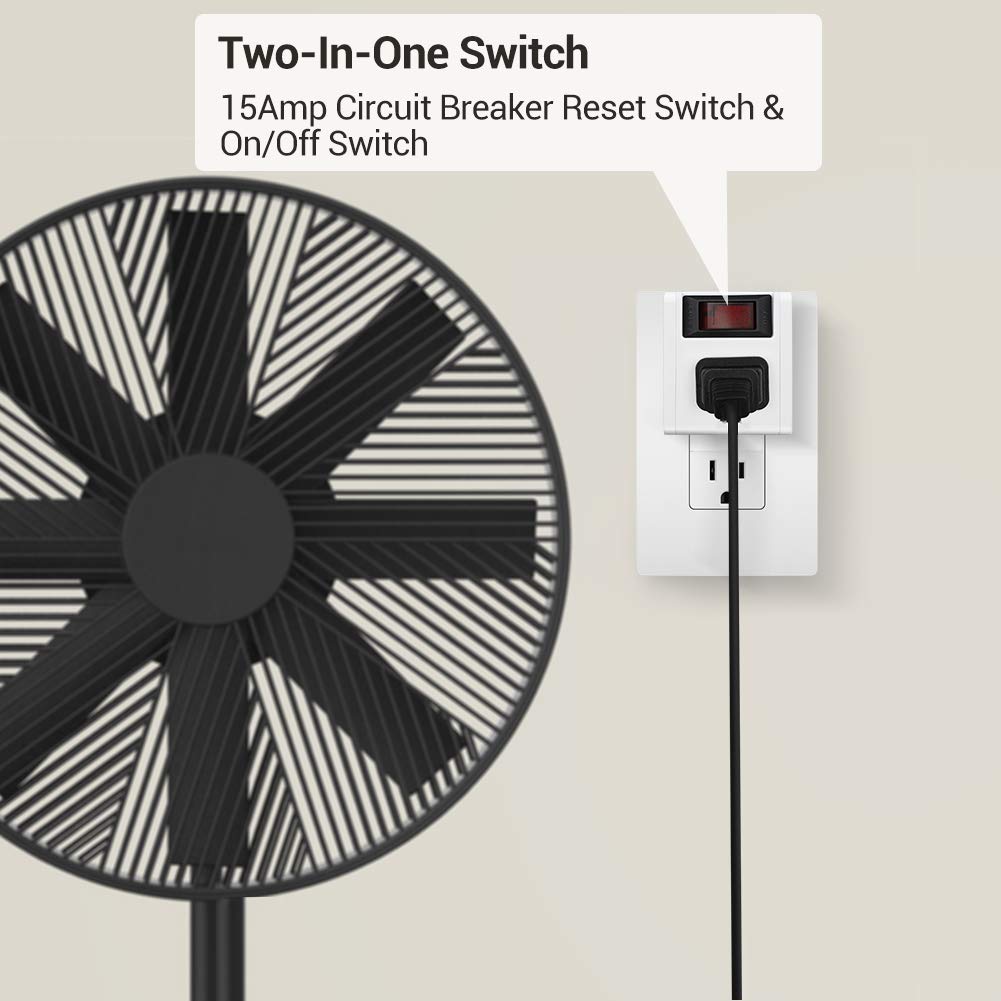 Dewenwils Grounded Single Port Power Adapter With On/Off Switch, 3Prong Electrical Plug Outlet Switch, 15A Circuit Breaker, 280J