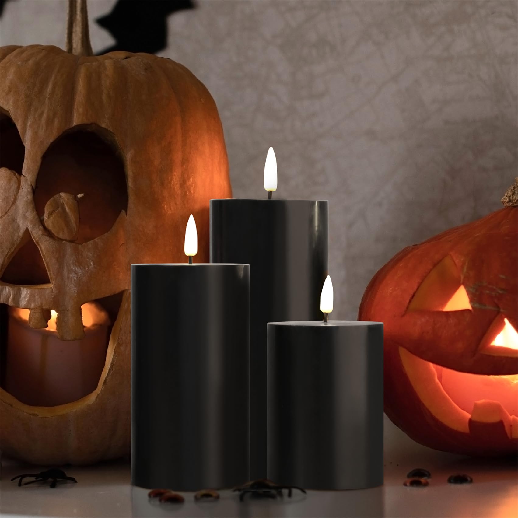 Girimax Black Flat Top Flameless Pillar Candles With Remote, Real Wax Flickering Battery Operated Gothic Led Candles F 3'' H 4''