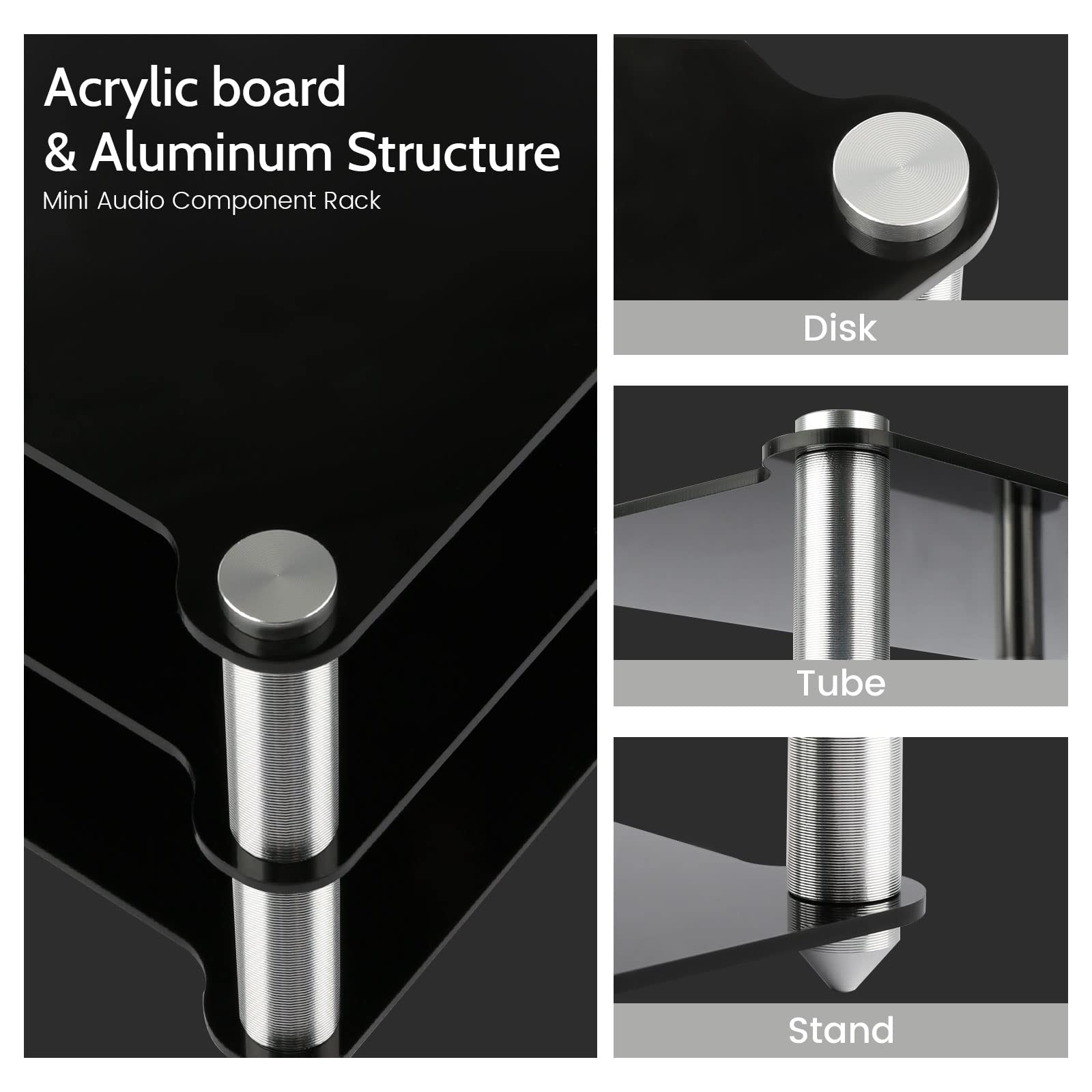 Kguss Mini Audio Component Rack Black Acrylic 2 Layer Rack Aluminium Holders Small Desktop Rack For Hifi Audio Equipment Dac Amplifier Amp (Black)