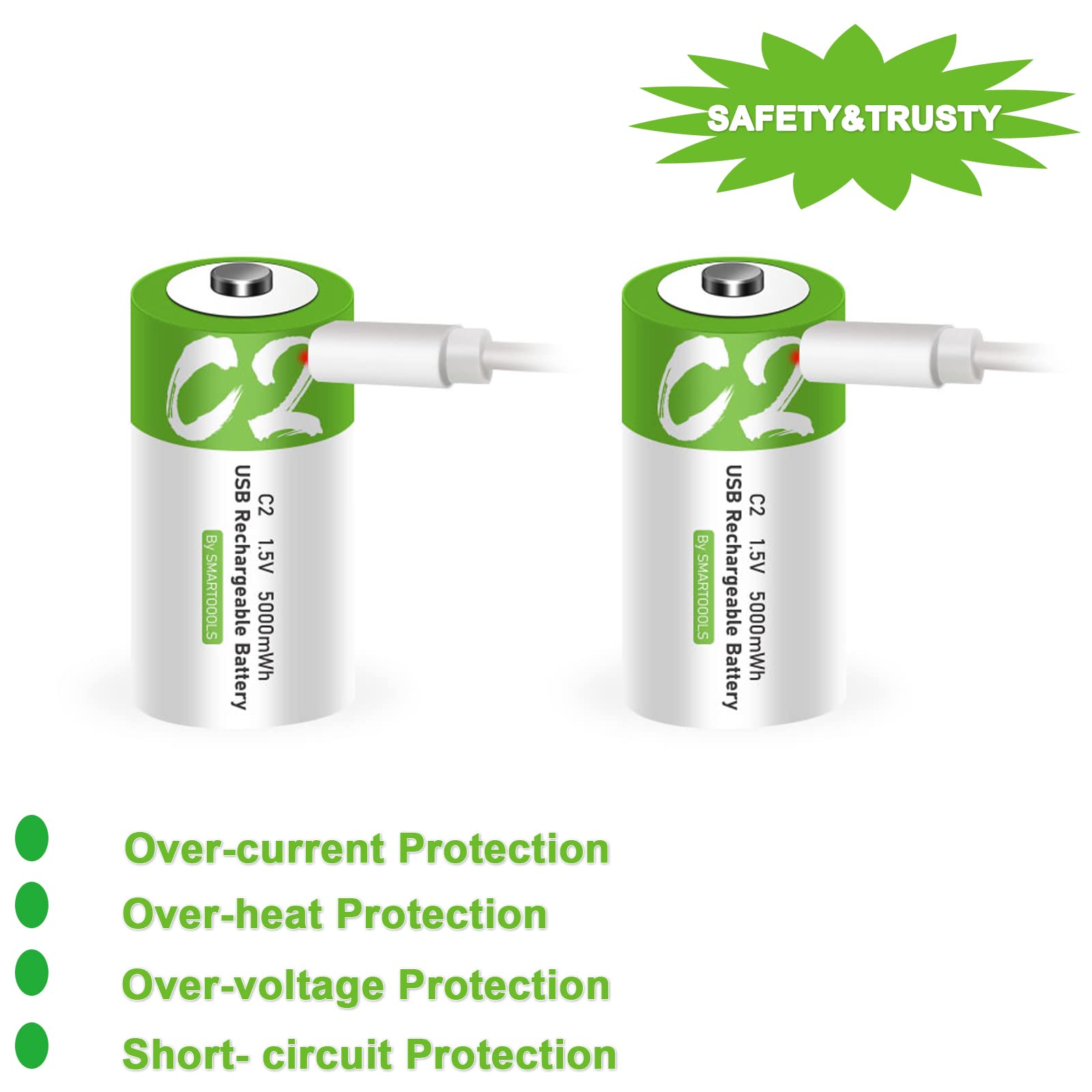 Camelcell C Batteries- 2 Pack Rechargeable C Batteries,5000Mwh Lithium Ion C Size Battery 1.5V With 2 In 1 Usb A To Type C Charg