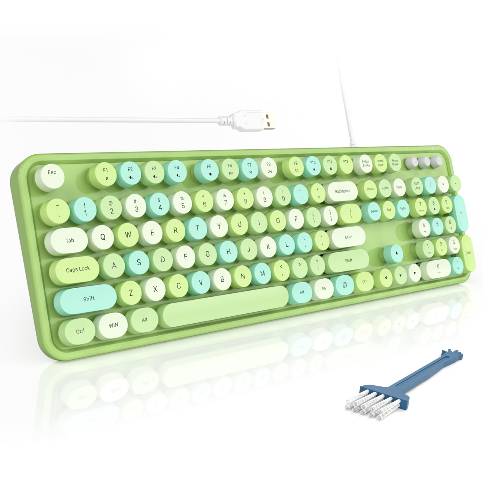 Mofii Wired Keyboard, Full Size Usb Keyboard Plug Play, Colorful Retro Round Typewriter Keyboard With Foldable Stands For Window