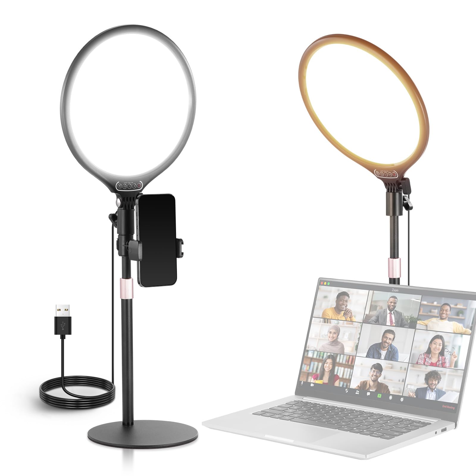 NEEWER Basics 10.5 Desk Ring Light with Stand/Phone Holder/Timer, 3000-6500K Full Screen 15W LED Selfie Panel Lighting for iPhon