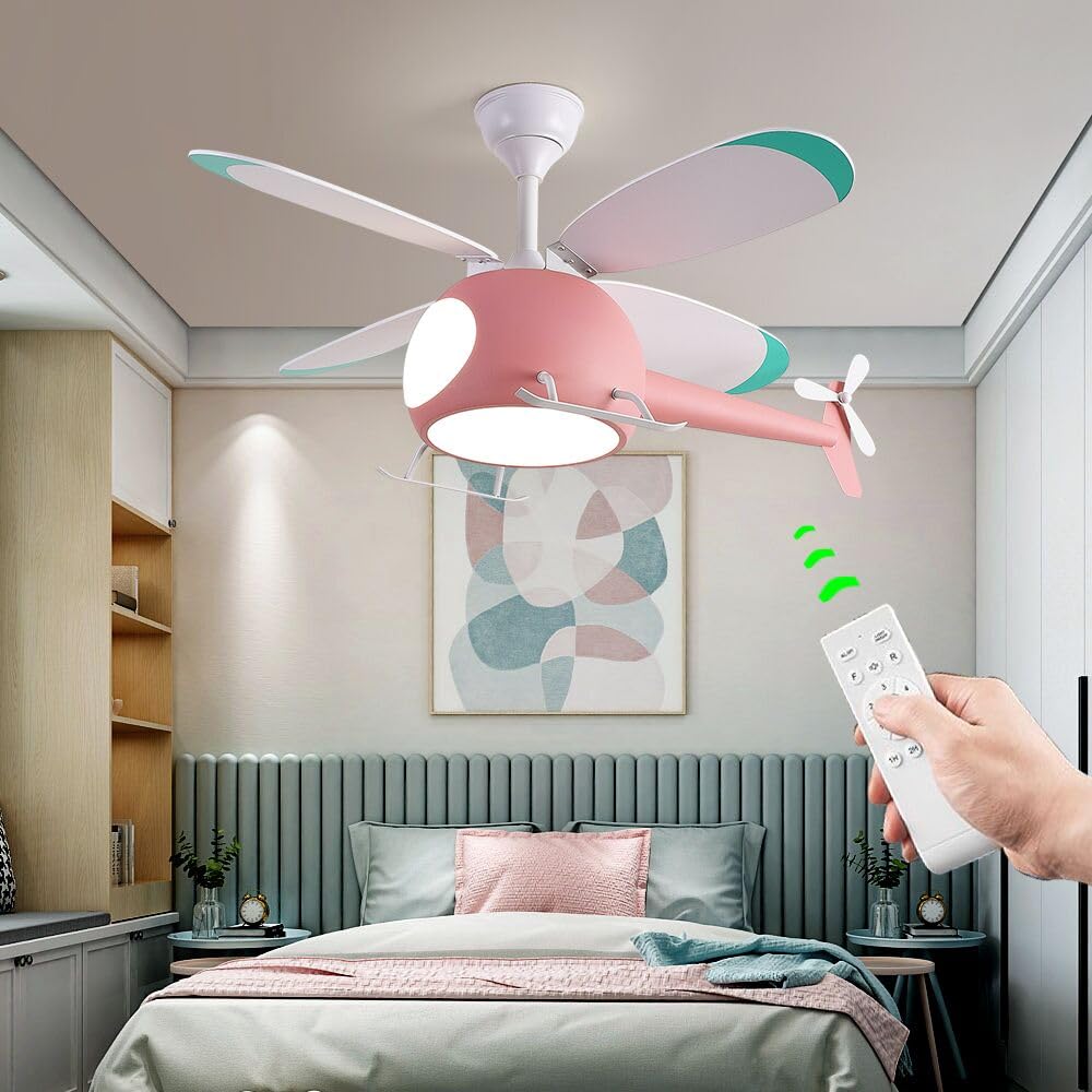 OUSAITE Kids Room Ceiling Fan with lights,Remote control speed,Dimmable Childrens Bedroom Cartoon Ceiling Fan Lamp,Helicopter M
