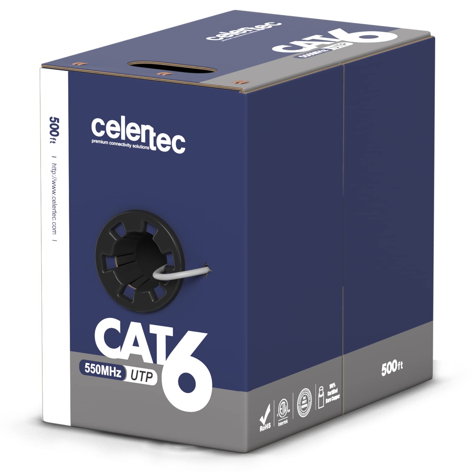 Celertec Cat6 Ethernet Cable, 500Ft, 23Awg Solid Bare Copper, Unshielded Twisted Pairs(Utp), 550Mhz, Etl Listed &Cmr Riser Rated, Indoor, Bulk Ethernet Cable  Grey