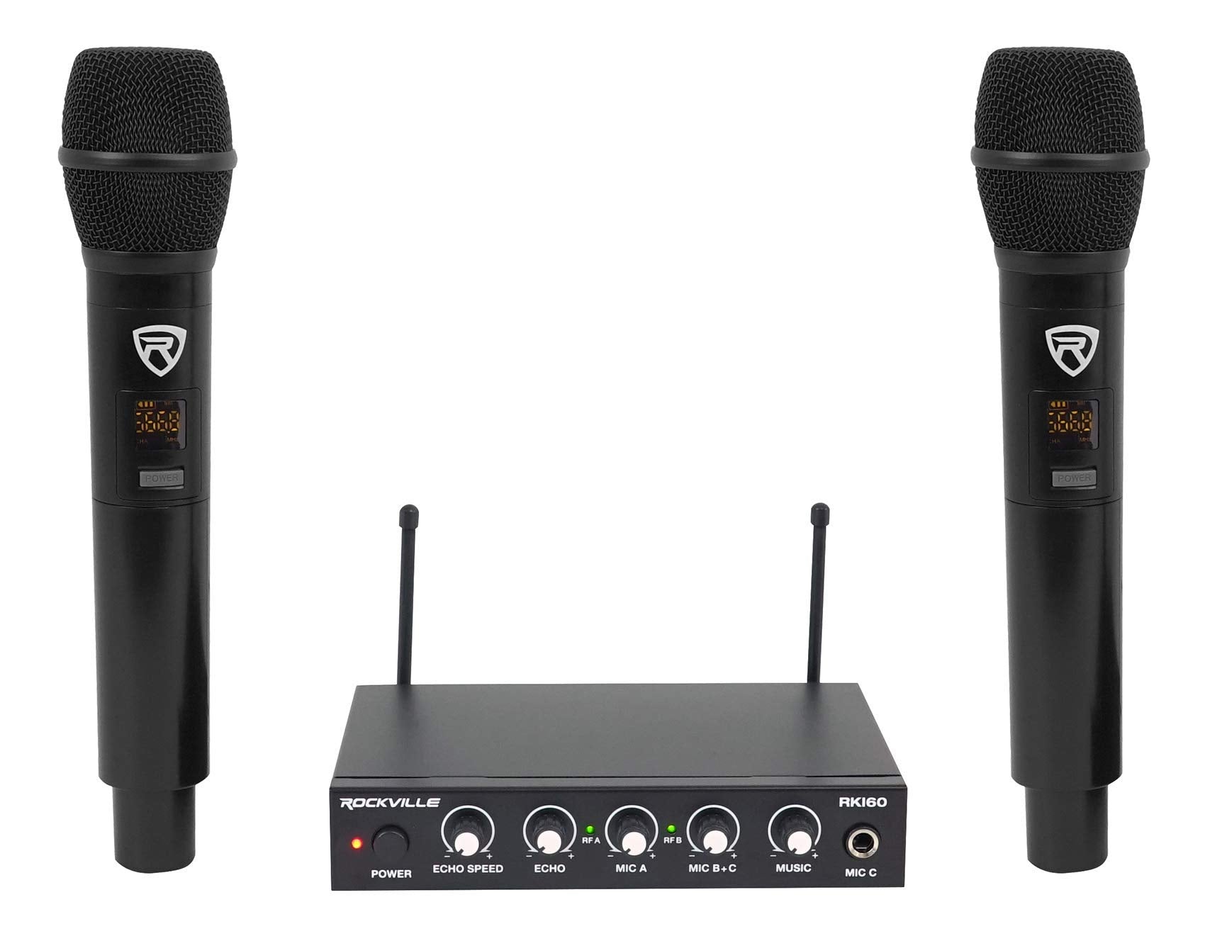 Rockville Rki60 Dual Uhf 8 Chan Wireless Microphone Karaoke Interface+Mic Mixer ,Black