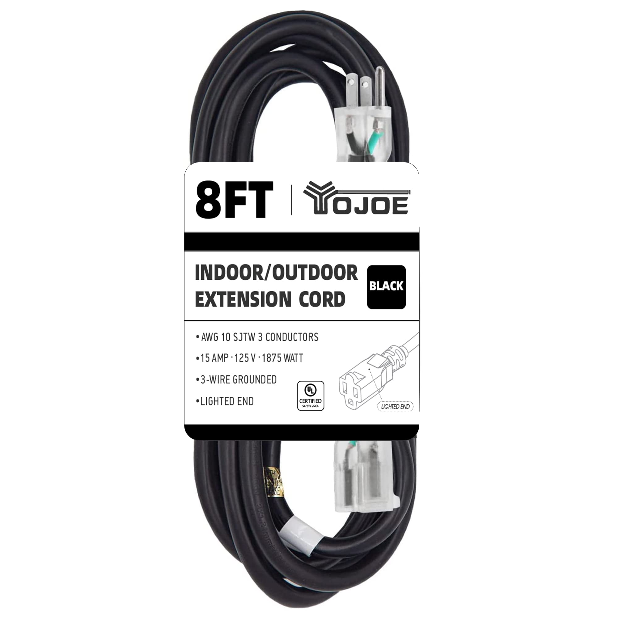 Yojoe Indoor Outdoor Extension Cord With Lighted End, 3 Prong 15A Weatherproof Power Extension Cord, 10 Gauge Heavy Duty 8 Ft Bl