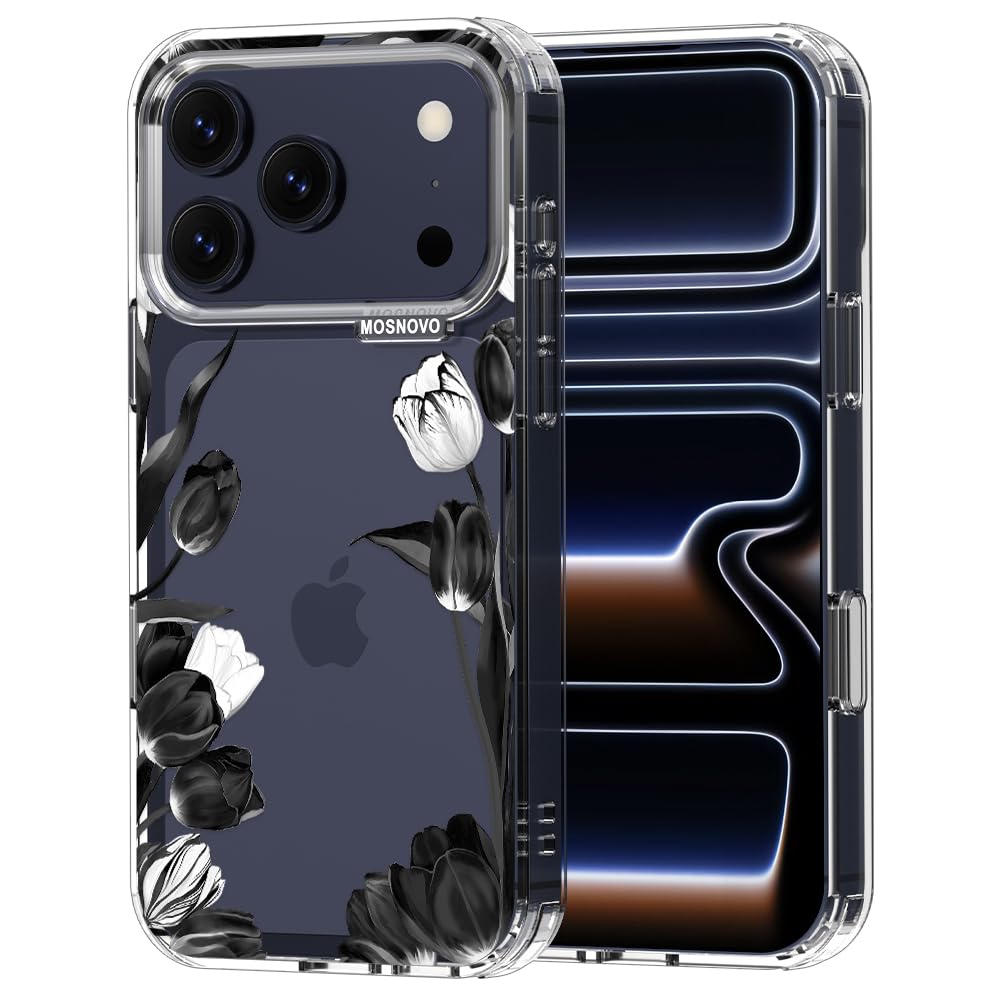 MOSNOVO for iPhone 17 Pro Case | Military Grade 6.6ft Drop Tested | Camera Control | Clear with Black White Tulips Design