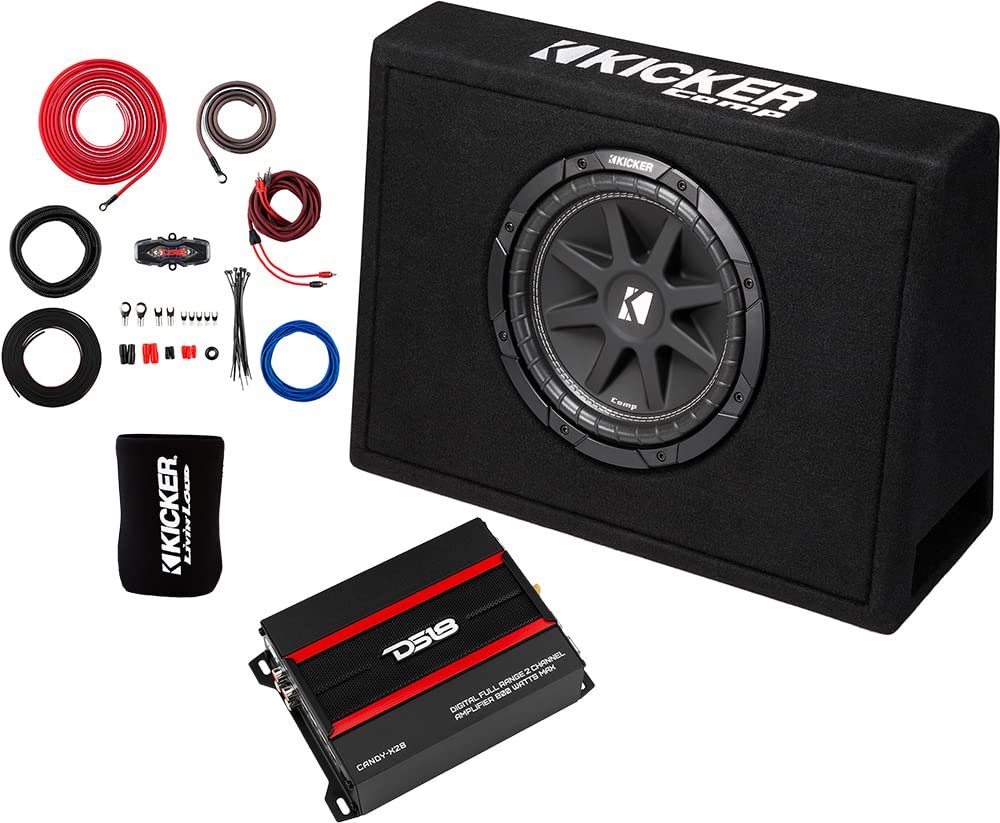 Kicker Subwoofer And Amp Package Of 3 Items   10'' Comp Vented 300 Watt Single Sub Enclosure, Ds18 Class D 2 Channel Amplifier,