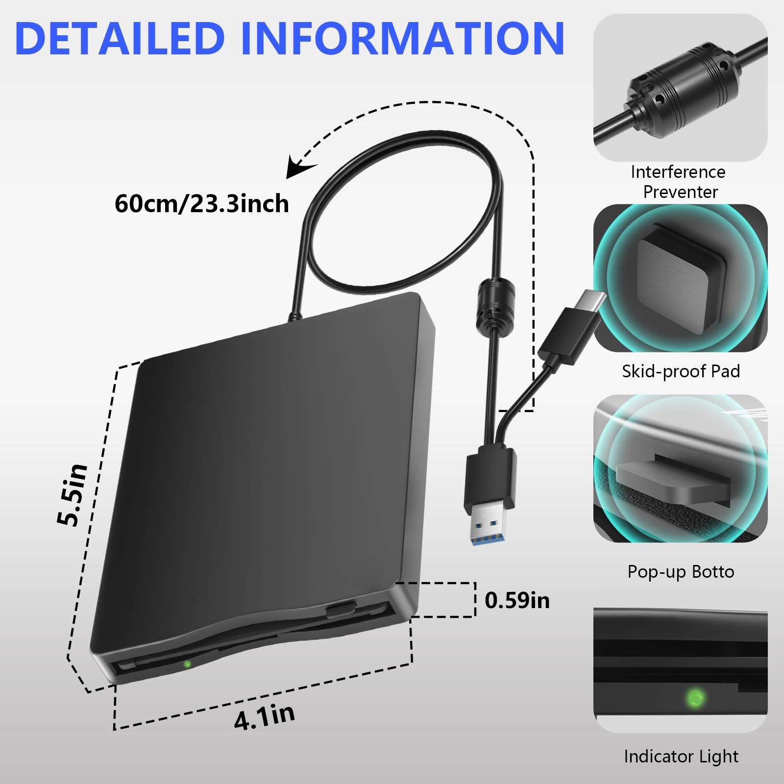 Wbacon External Floppy Disk Drive 3.5 inch USB Type-C Portable for PC Windows