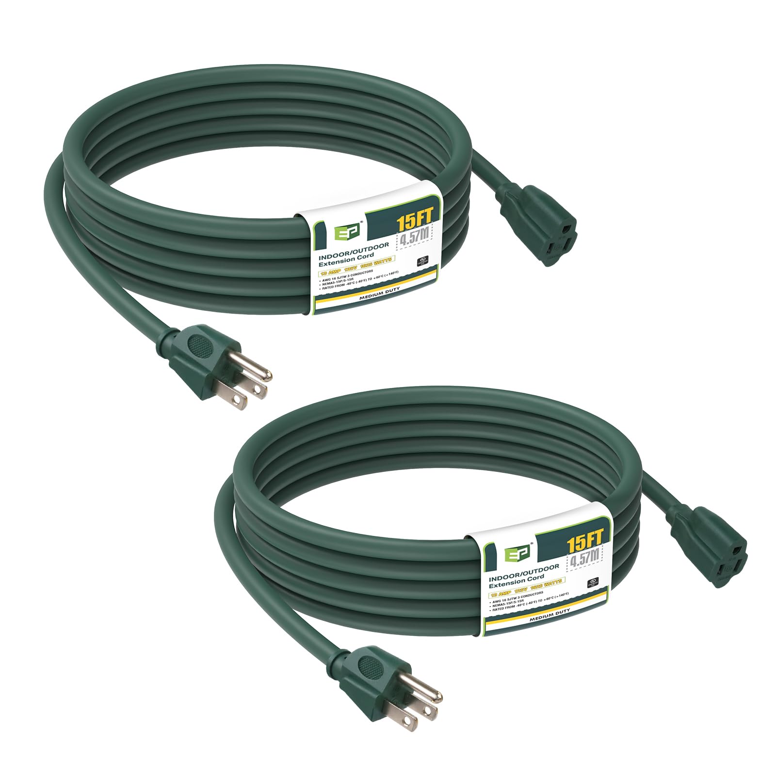 Ep 2 Pack 15Ft Green Outdoor Extension Cord, 16/3 Sjtw Heavy Duty Waterproof, 3 Prong Grounded Plug, 13A 1625W 16Awg, Cold Resis