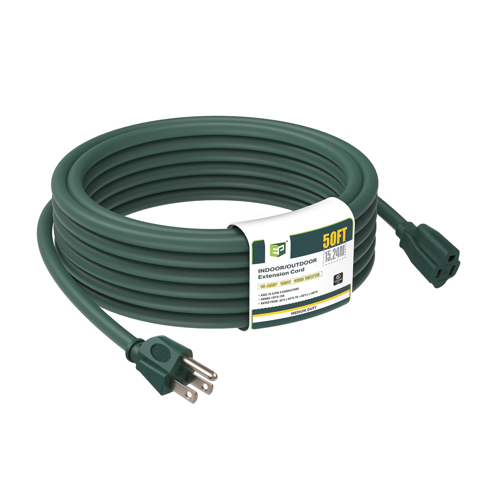 Ep 50Ft Green Outdoor Extension Cord, 16/3 Sjtw Heavy Duty Waterproof, 3 Prong Grounded Plug, 13A 1625W 16Awg, Cold Resistant Fl