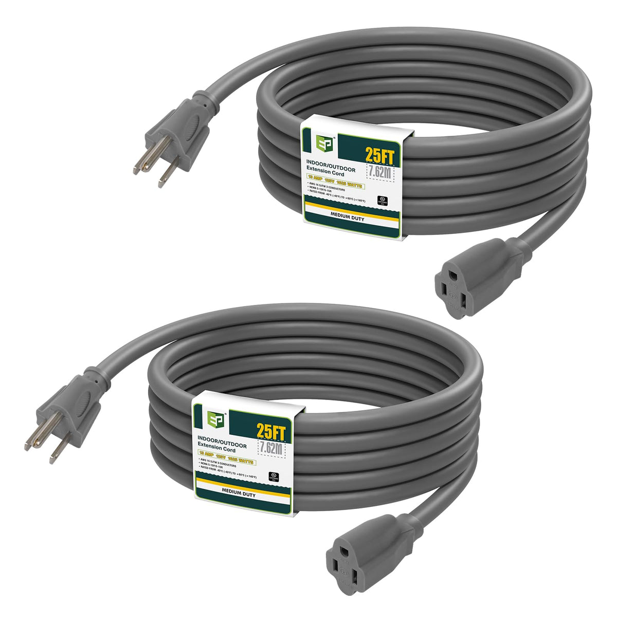 Ep 2 Pack 25 Ft Outdoor Extension Cord, 16/3 Sjtw Heavy Duty Power Cord, 3 Prong Grounded Plug, Waterproof, Cold Resistant, 13A