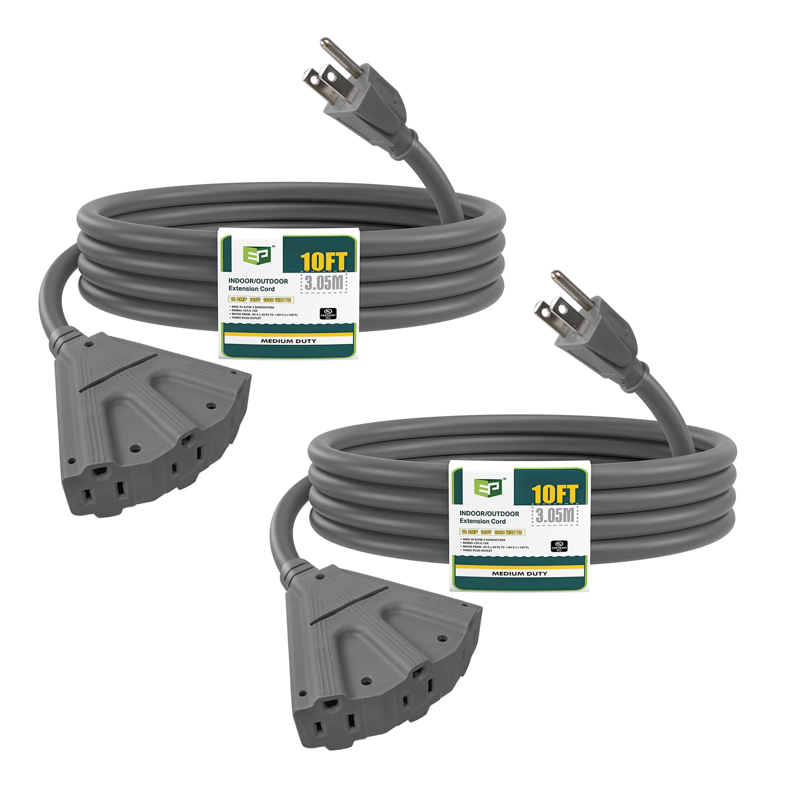 Ep 2 Pack 10 Ft Outdoor Extension Cord With 3 Electrical Power Outlets   16/3 Sjtw Grey Cable With 3 Prong Grounded Plug For Saf