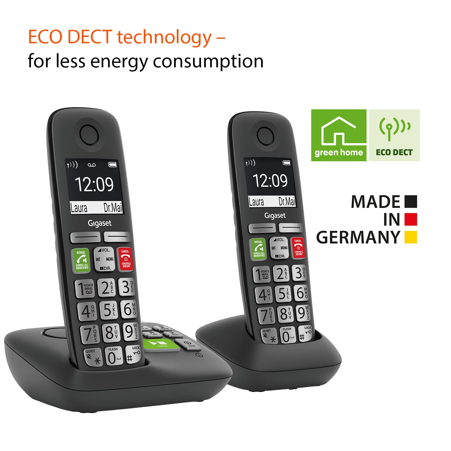 Gigaset E295A Duo   Two Big Button Phones Cordless   Made In Germany   Big 2� Display   Extra Large Keys And Easy Usability   Call Blocker   Phonebook With 100 Contacts, Black