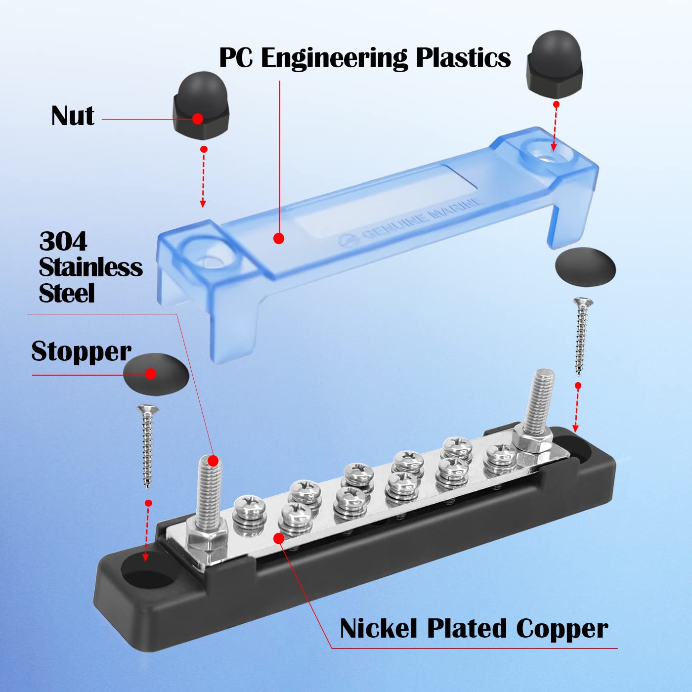 Lenkrad 150A Battery Bus Bar   10 Terminal Power Distribution Block Bus Bars With Ring Terminals, 10 Way 8/32'' Screws, 2 Way 1/