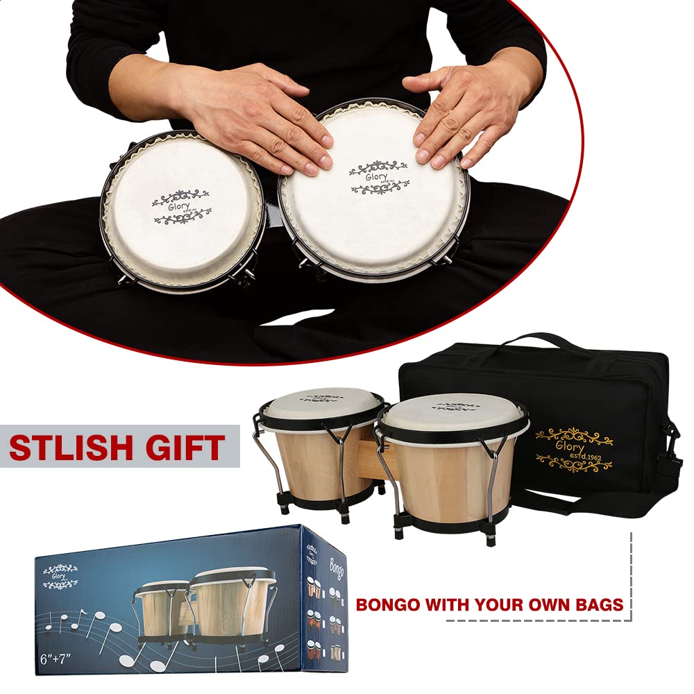 Glory Bongo Drums 6    And 7    Wood Percussion Instrument Bongos With Bag And Tuning Key,Natural