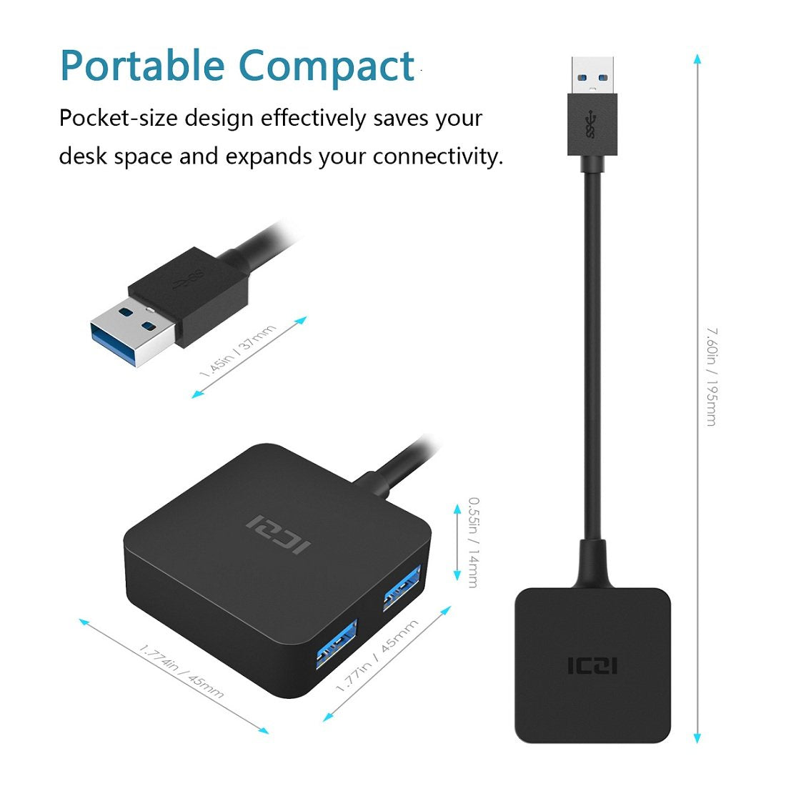 Iczi Usb 3.0 Hub, 4-Port Date Usb Splitter Adapter For Macbook, Mac Pro/Mini, Imac, Surface Pro, Xps, Laptop, Flash Drives, Mobi