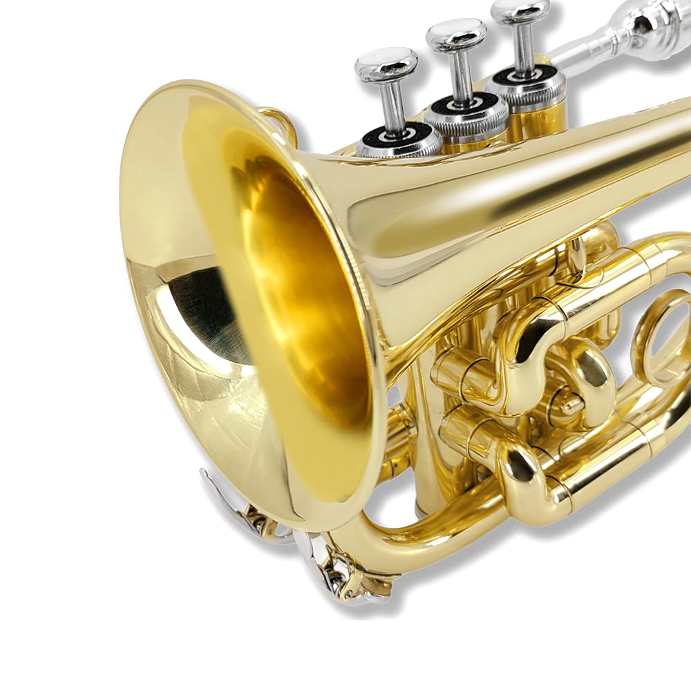 Wuqimusc Brass Pocket Trumpet Bb Key Nickel Plated With Mouthpiece 7C, Cleaning Kit, Carrying Case, Gloves For Beginners/Student