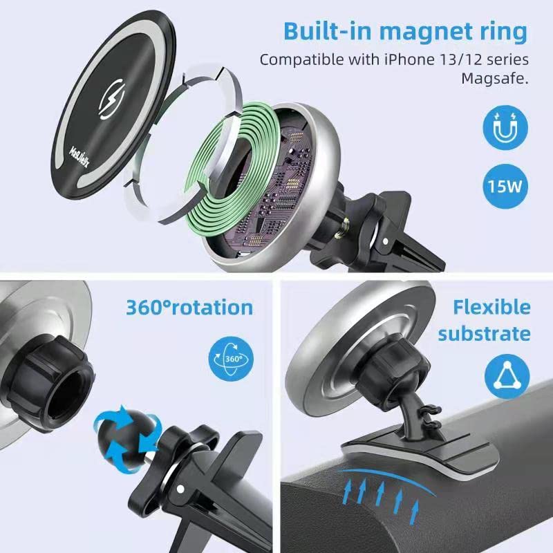 Magjieyx For Magnetic Magsafe Car Charger Mount, Wireless 15W Fast Charging Phone Holder Compatible With Iphone16,15,14 Pro Max,