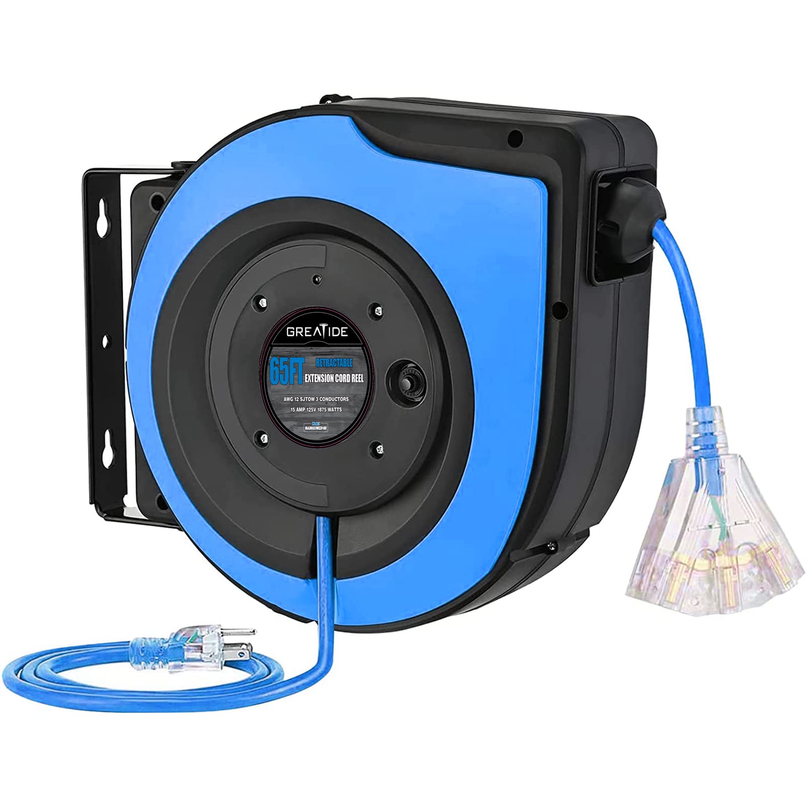 Greatide Retractable Extension Cord Reel, 65 Feet 12 Awg/3C Sjtow Heavy Duty Power Cord,15 Amp Circuit Breaker, 3 Lighted Triple