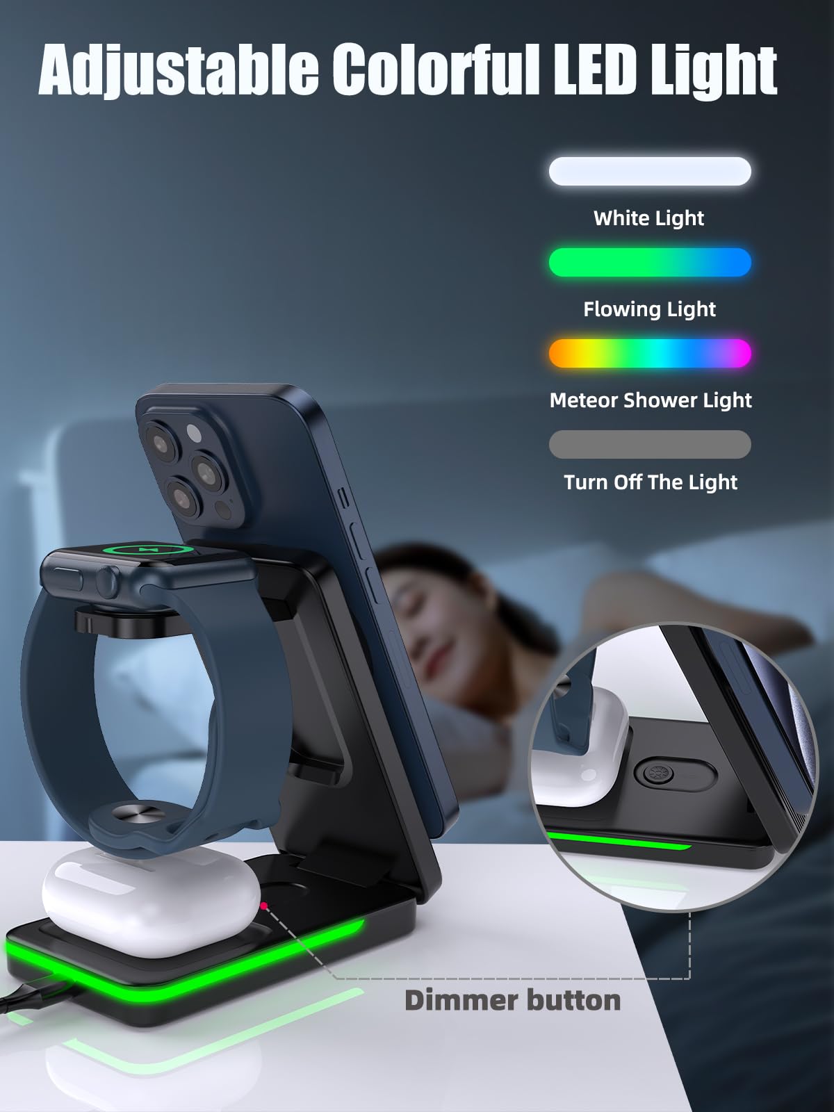 Wireless Charging Station For Apple Magsafe Charger, 3 In 1 Magsafe Charger Stand For Iphone 15 Pro Max/14/13/12, Foldable Magsa