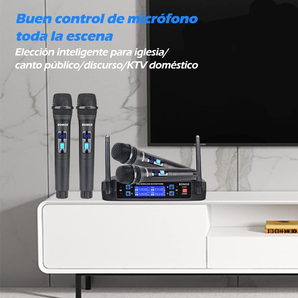 Wireless Microphone System, Bomge Pro 4 Channel Cordless Mic Set With Four Handheld Mics, Fixed Frequency, Long Range 200Ft, Ide