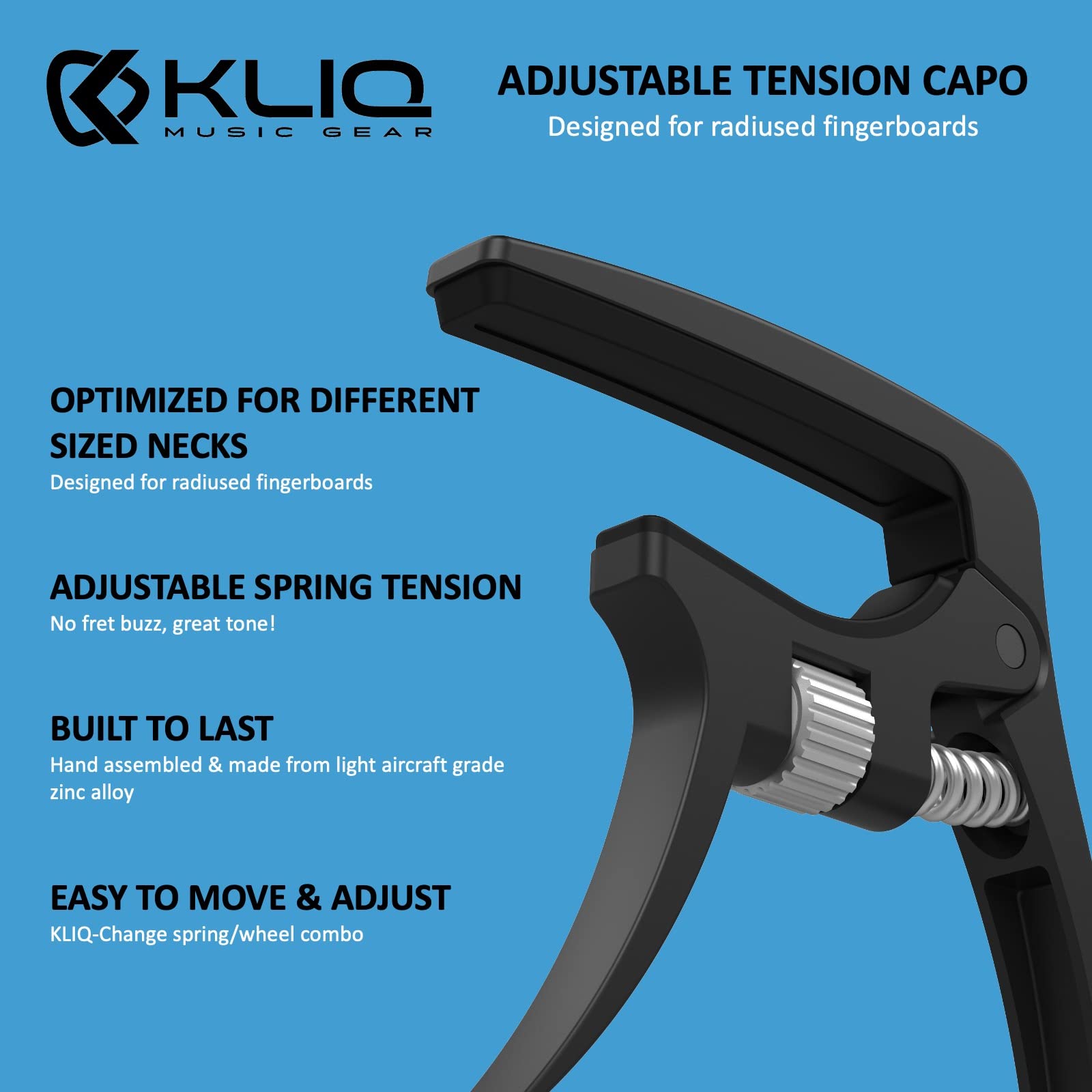 Kliq K-Po Guitar Capo For 6 String Acoustic And Electric Guitars - Spring Loaded Trigger Style (Black Adjustable)