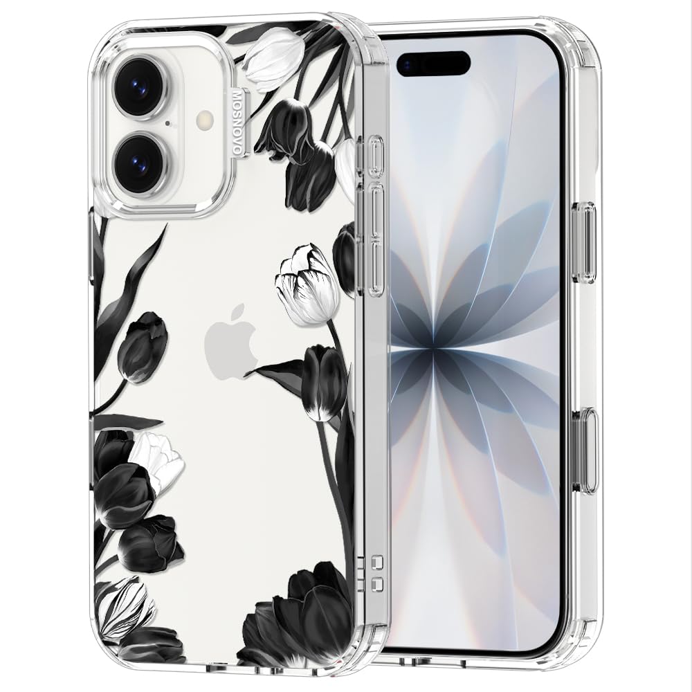 MOSNOVO for iPhone 17 Case | Military Grade 6.6ft Drop Tested | Camera Control | Clear with Black White Tulips Design