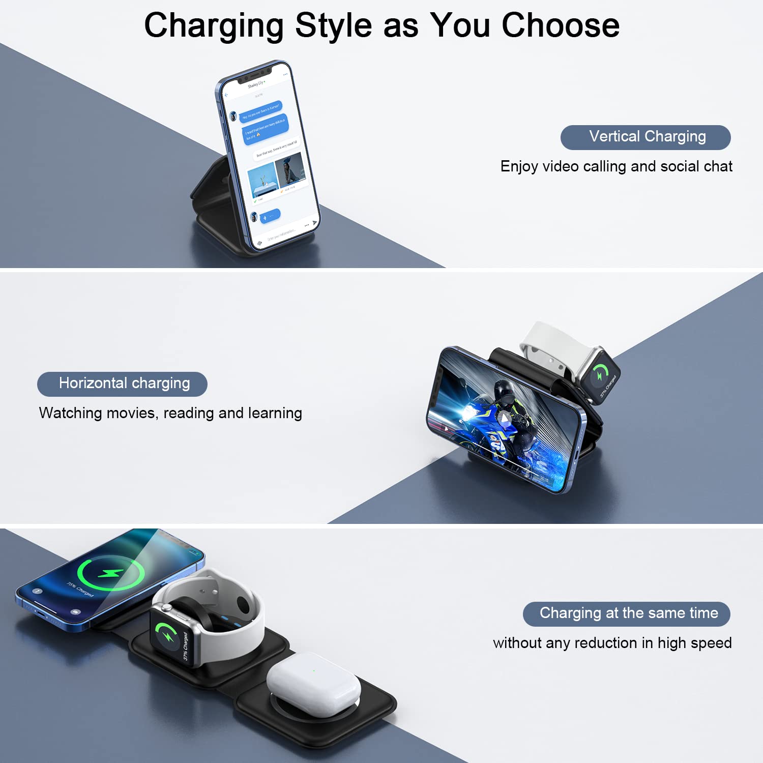 Wireless Charger 3 In 1,Rtops Magnetic Travel Wireless Charging Station Multiple Devices,Gan 3 In 1 Charging Station,Compatible