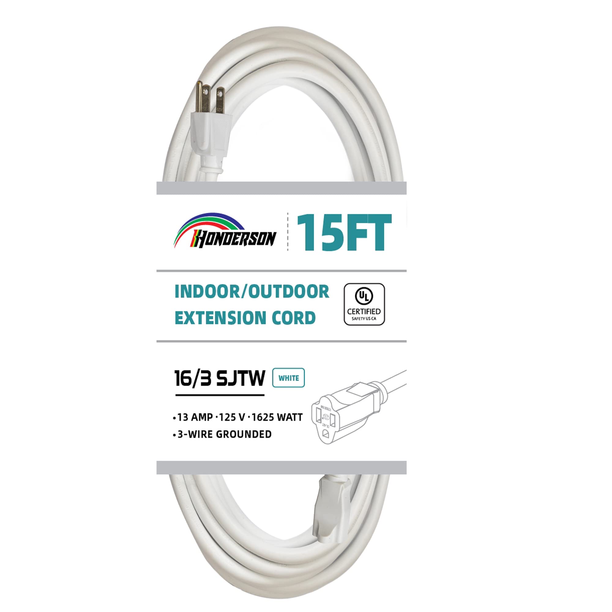 Honderson Indoor/Outdoor Extension Cord, 16 Gauge 15Ft White 3 Prong Heavy Duty, Weatherproof, Ul Listed, 16/3 Sjtw 13A Power Co