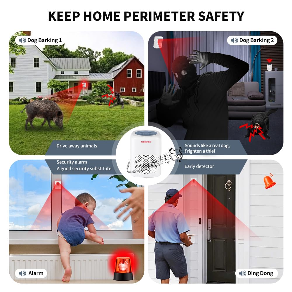Ranxinyuan Barking Dog Motion Sensor Pir Human Body Dog Barking Alarm Realistic Wireless Loud 1000Ft Door Chimes Home Security 1