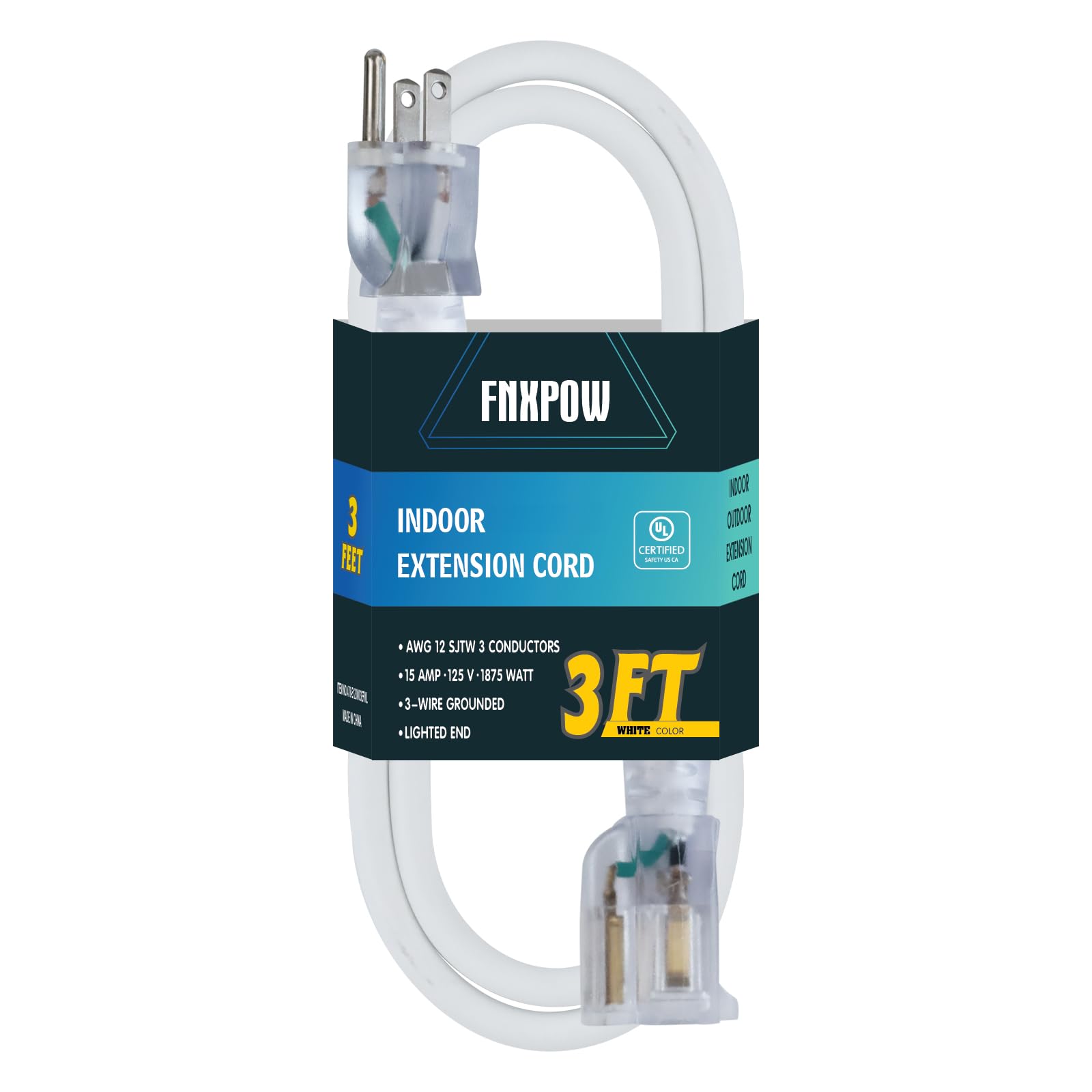 Fnxpow Indoor Extension Cord, 12 Gauge 3 Prong Weatherproof Heavy Duty White Extension Cord With Lighted Indicator End, Sjtw 15A