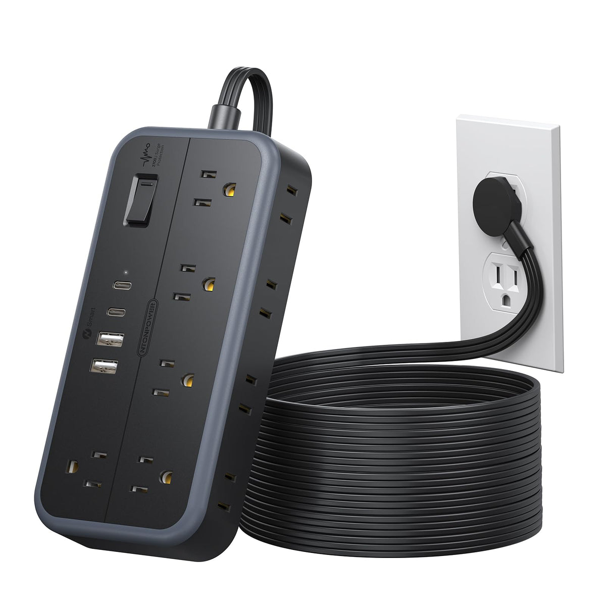 Ntonpower Surge Protector Power Strip 15 Ft Cord, 10 Widely Spaced Outlets, 4 Usb Port(2 Usb C Port), Ultra Thin Flat Plug Exten