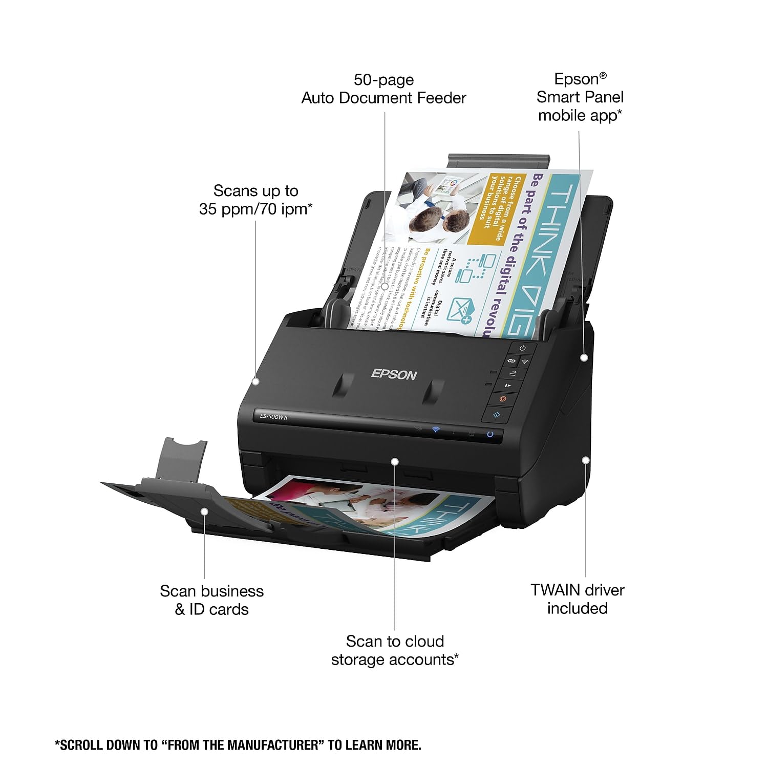 Epson Workforce Es 500W Ii Wireless Color Duplex Desktop Document Scanner For Pc And Mac, With Auto Document Feeder (Adf) And Sc