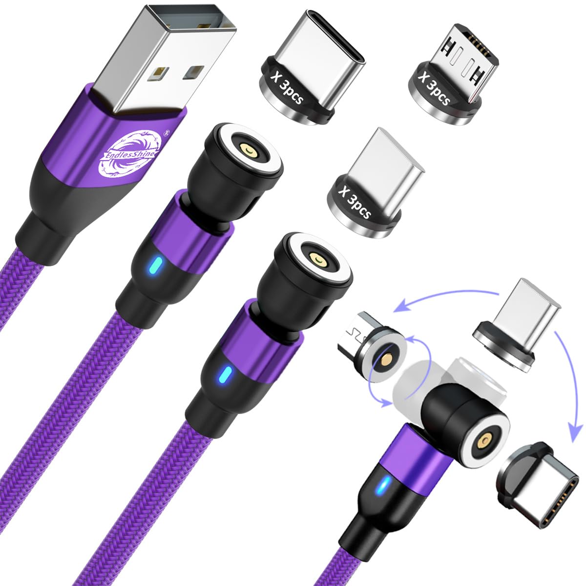 Endlesshine Magnetic Charging Cable [3Pack 3.3/6.6/6.6Ft] 540� Rotation Magnetic Phone Charger.Usb C Cable,Micro Usb,Iproduct Device 3 In 1.Led Light Magnet Android Charger Type C Cable(Purple)