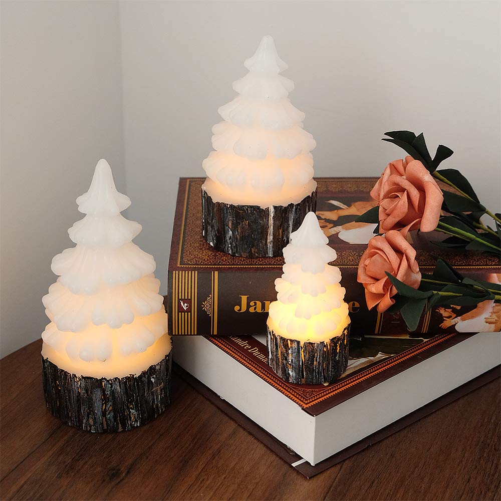 Eldnacele Christmas Flameless Flickering Candles With Timer   Battery Operated Tree Shaped White Led Electric Wax Candles   Warm
